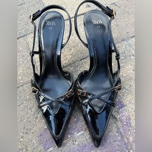 Zara Glossy Black Strappy Heels